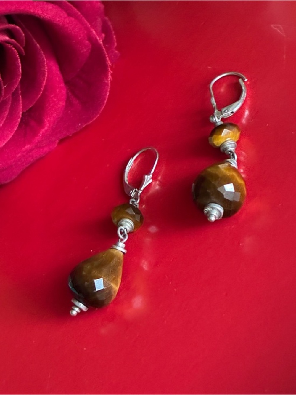 925 Silver Earrings, Faceted Tiger Eye Drop Earrings — Brown and Silver